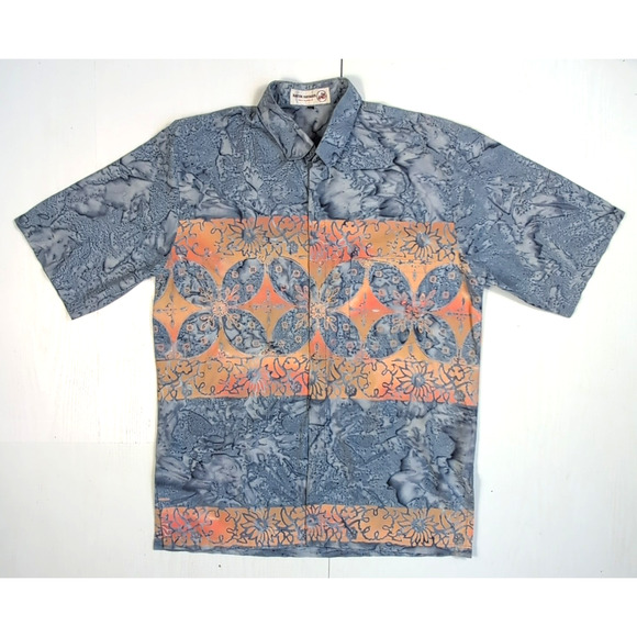 Batik Semar Men’s XL Short Sleeve Button Up Shirt Blue Orange Tribal Floral Prin - Picture 1 of 10